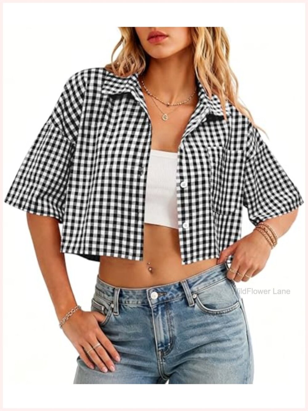 Women's Cotton Gingham Plaid Crop Button Down Shirt Short Sleeve V-Neck Top
